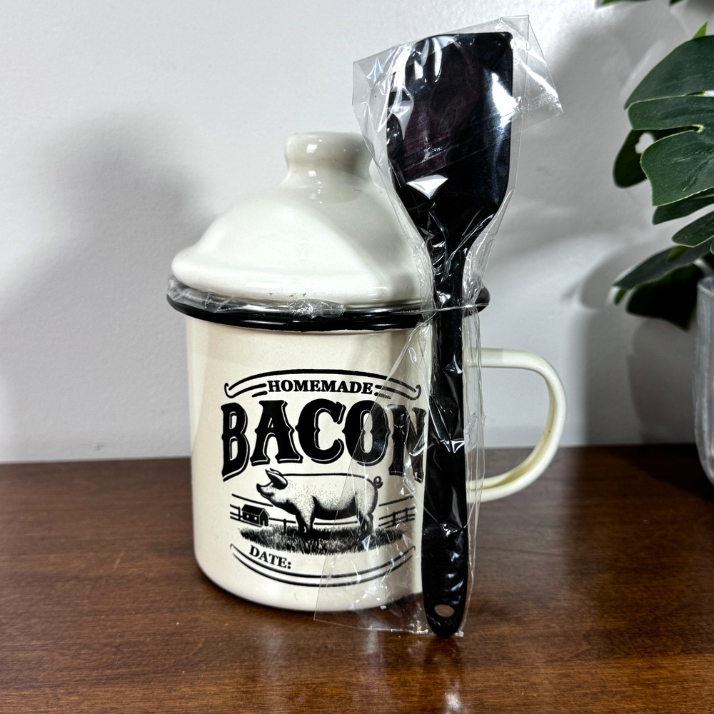 White Enamel Bacon Grease Container w/Strainer and Scraper Farmhouse